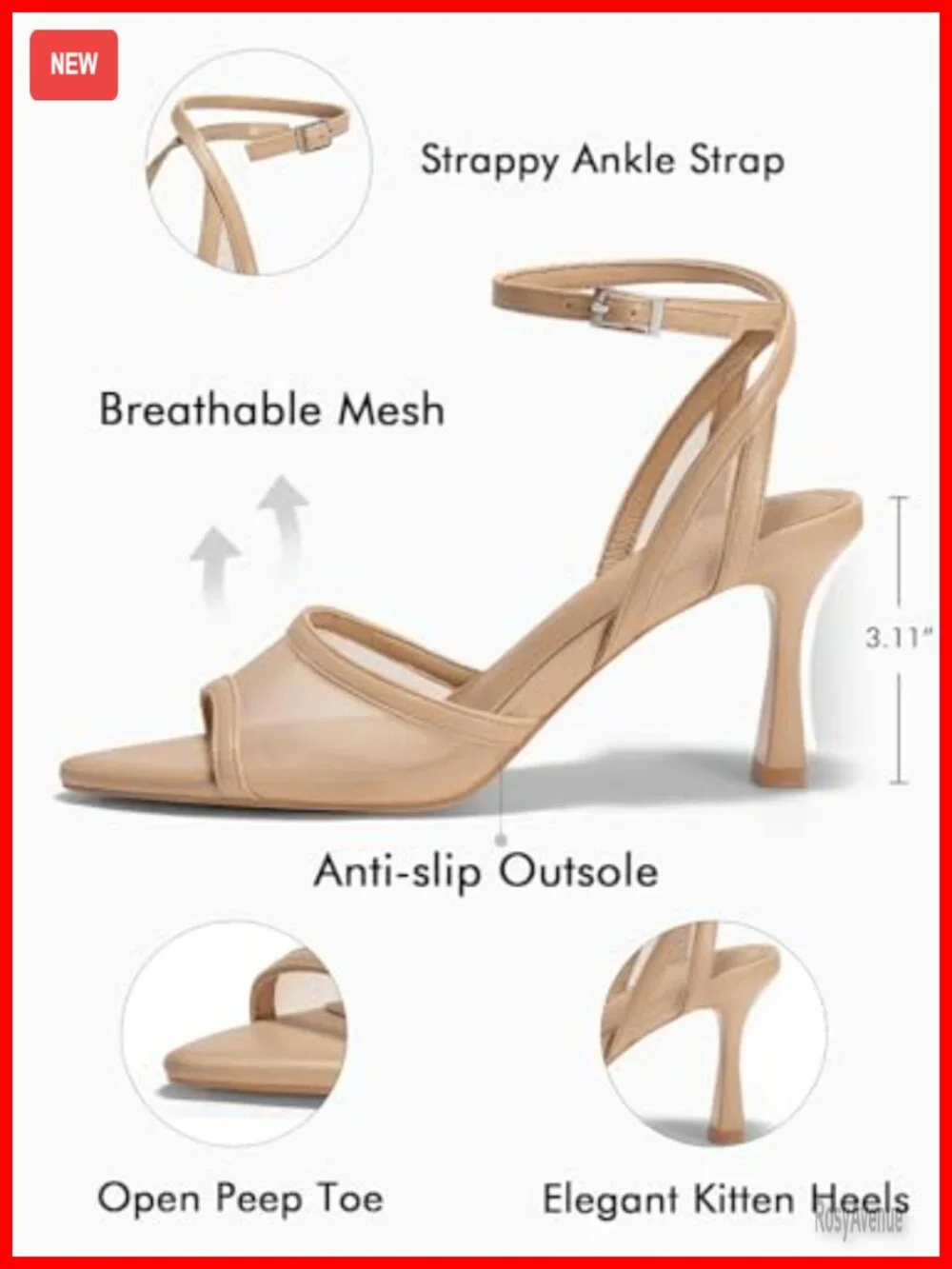 Womens Kitten Heels Sandals Pointed Open Toe Ankle Buckle Strap Summer Dress